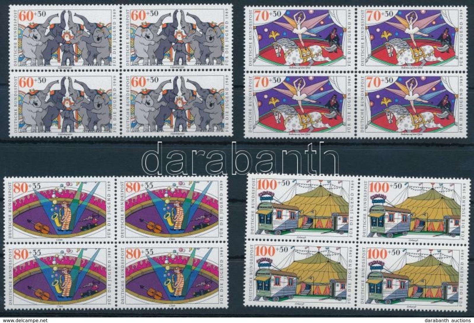 ** 1989 Cirkusz Sor Négyestömbökben,
Circus Set In Blocks Of 4
Mi 1411-1414 - Altri & Non Classificati