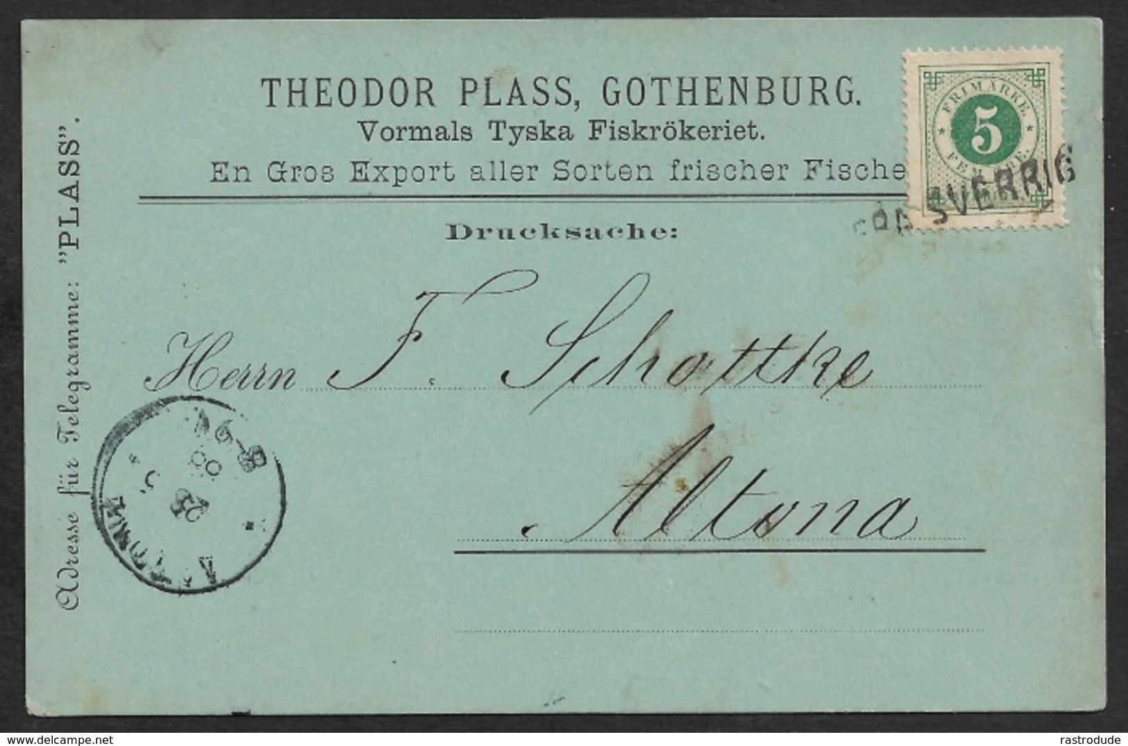 1889 Schweden 5öre Schiffspost Nach Altona - Private Drucksache Fischhandel - Lettres & Documents