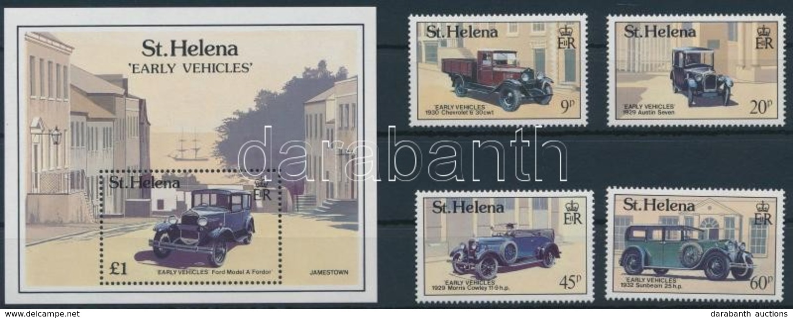 ** 1989 Régi Autók Sor + Blokk,
Old Cars Set + Block
Mi 517-520 + Mi 9 - Altri & Non Classificati