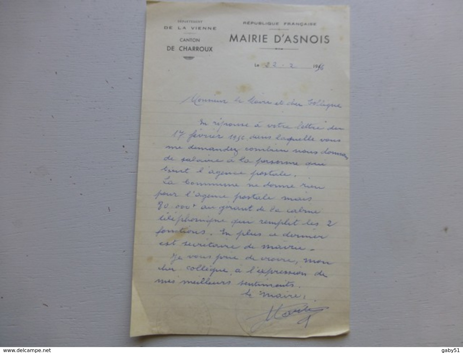 86 ASNOIS 1956, Lettre Autographe Maire/ Agence Postale (PTT) Ref 342 ; PAP04 - Altri & Non Classificati