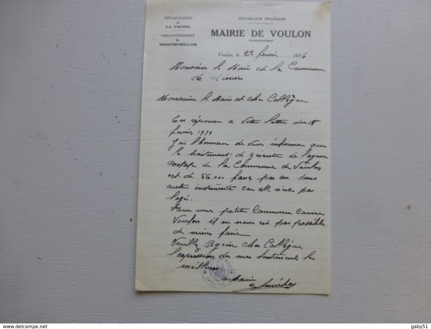 86 VOULON 1956, Lettre Autographe Maire/ Agence Postale (PTT) Ref 344 ; PAP04 - Altri & Non Classificati