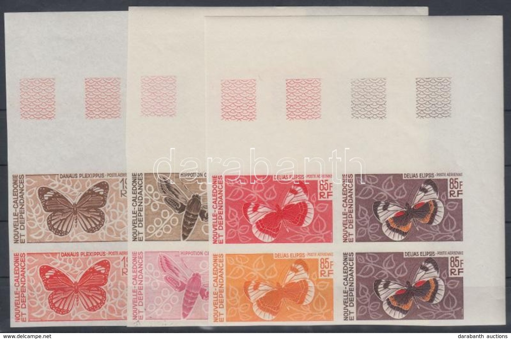 ** Új-Kaledónia 1967 Lepkék Mi 442-444 12 Klf Fogazatlan Színpróba 3 Klf Négyestömbben / 3 Blocks Of 4, With 12 Differen - Altri & Non Classificati