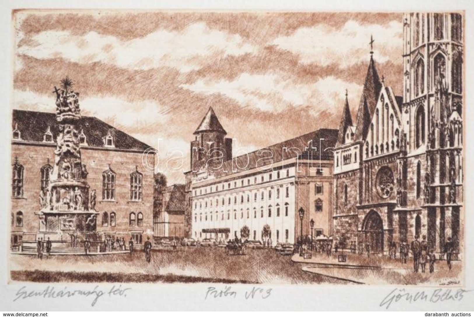 Gönczi Béla (1934-): Szentháromság Tér. Rézkarc, Papír, Jelzett, 9×14,5 Cm - Andere & Zonder Classificatie