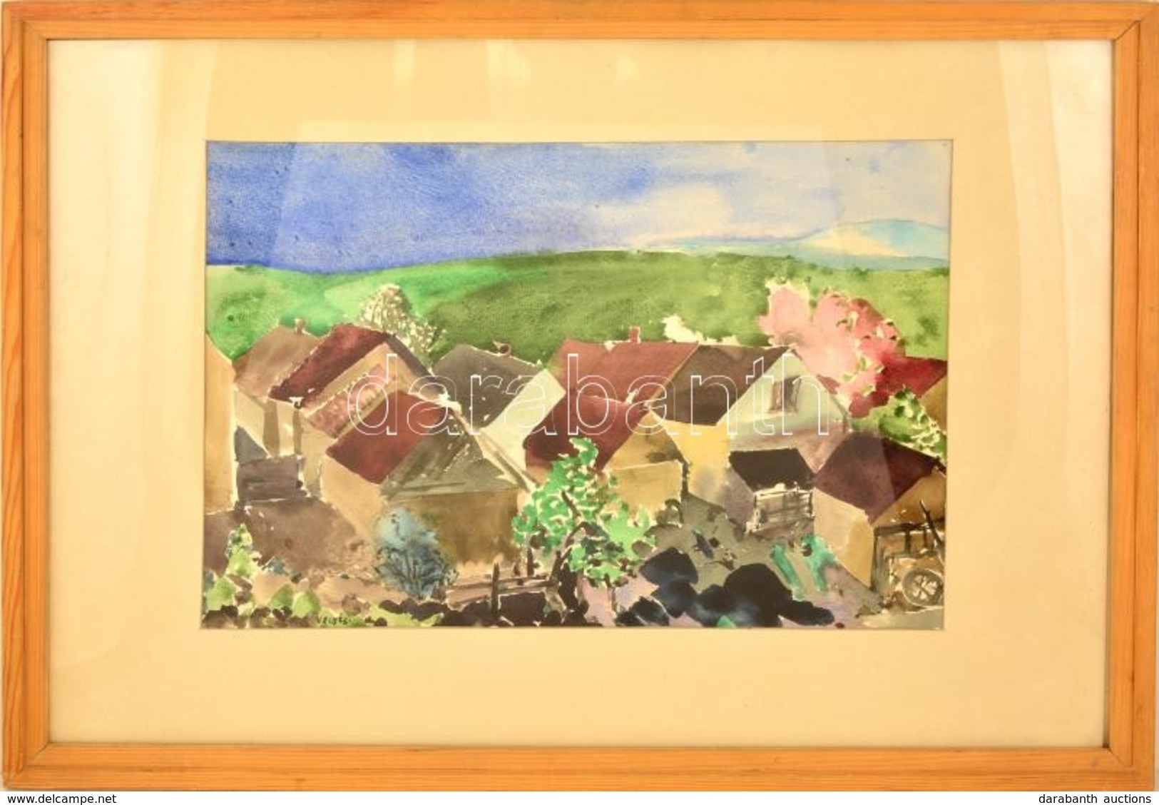 Vecsési Sándor (1930-2015): Szélső Házak. Akvarell, Papír, üvegezett Keretben, 33×49 Cm - Altri & Non Classificati