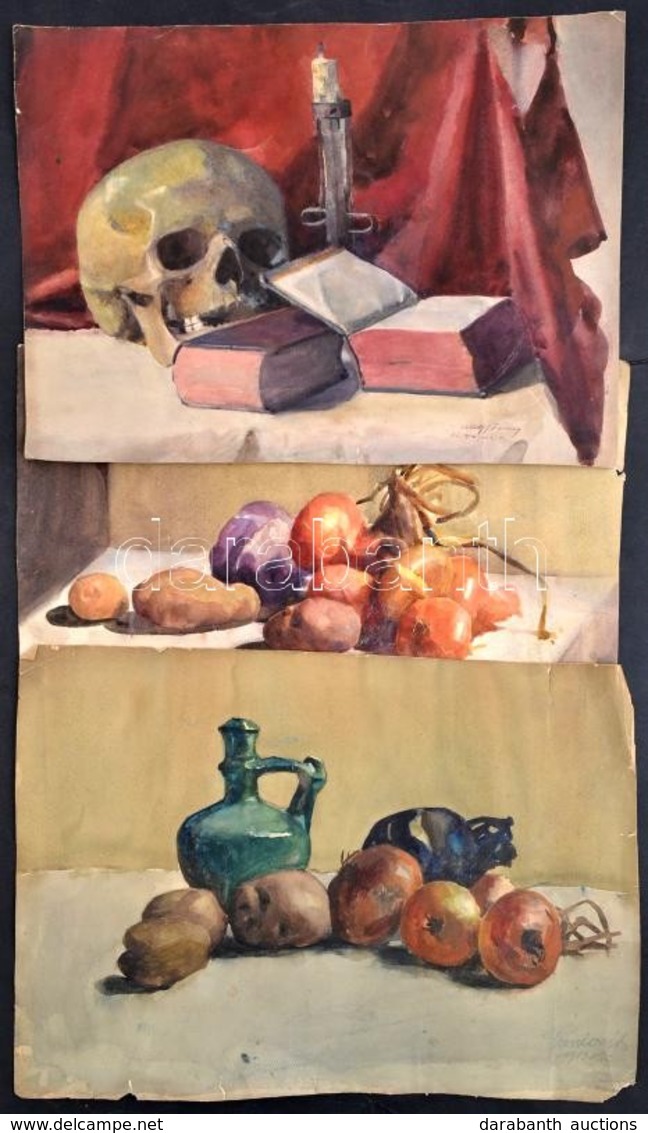 6 Db Akvarell és Pasztell Rajz, Jelzéssel, Szakadással, 48×36 Cm - Stampe & Incisioni