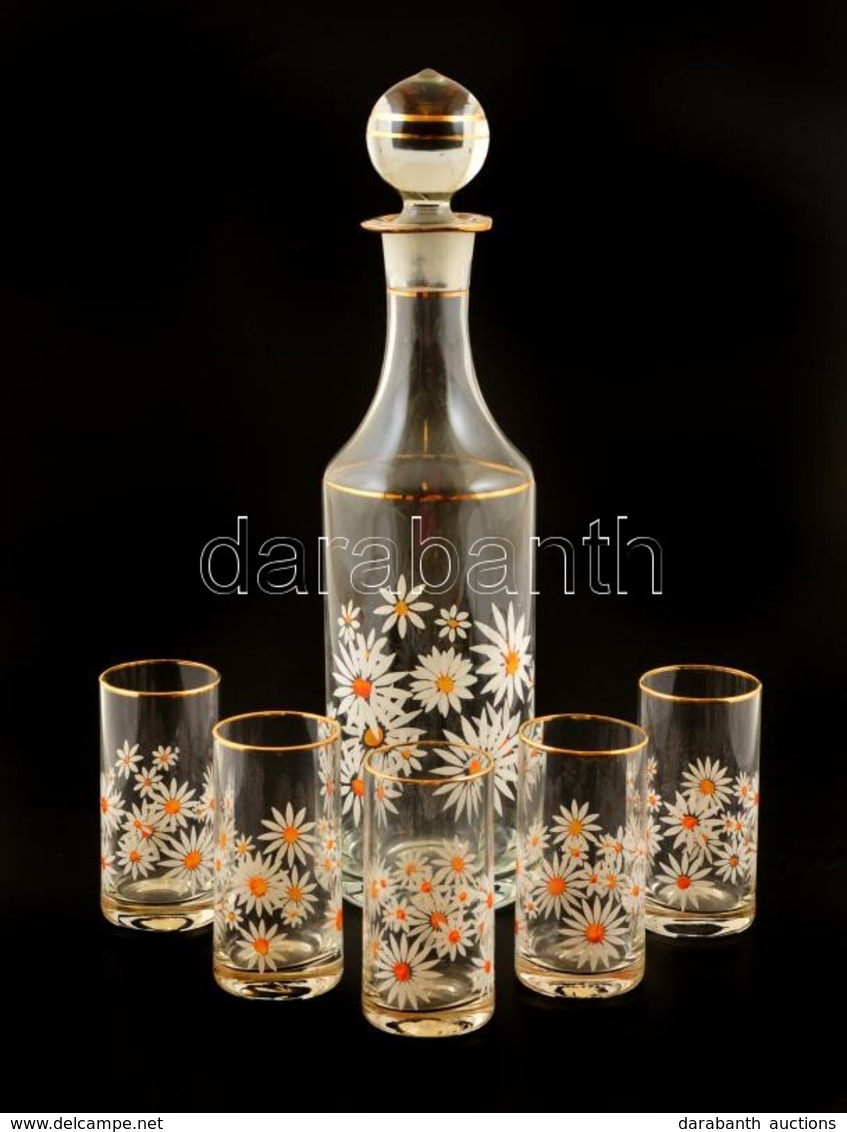 5 Db Virágmintás üvegpohár, Kiöntővel, Kopásnyomokkal - Glas & Kristall
