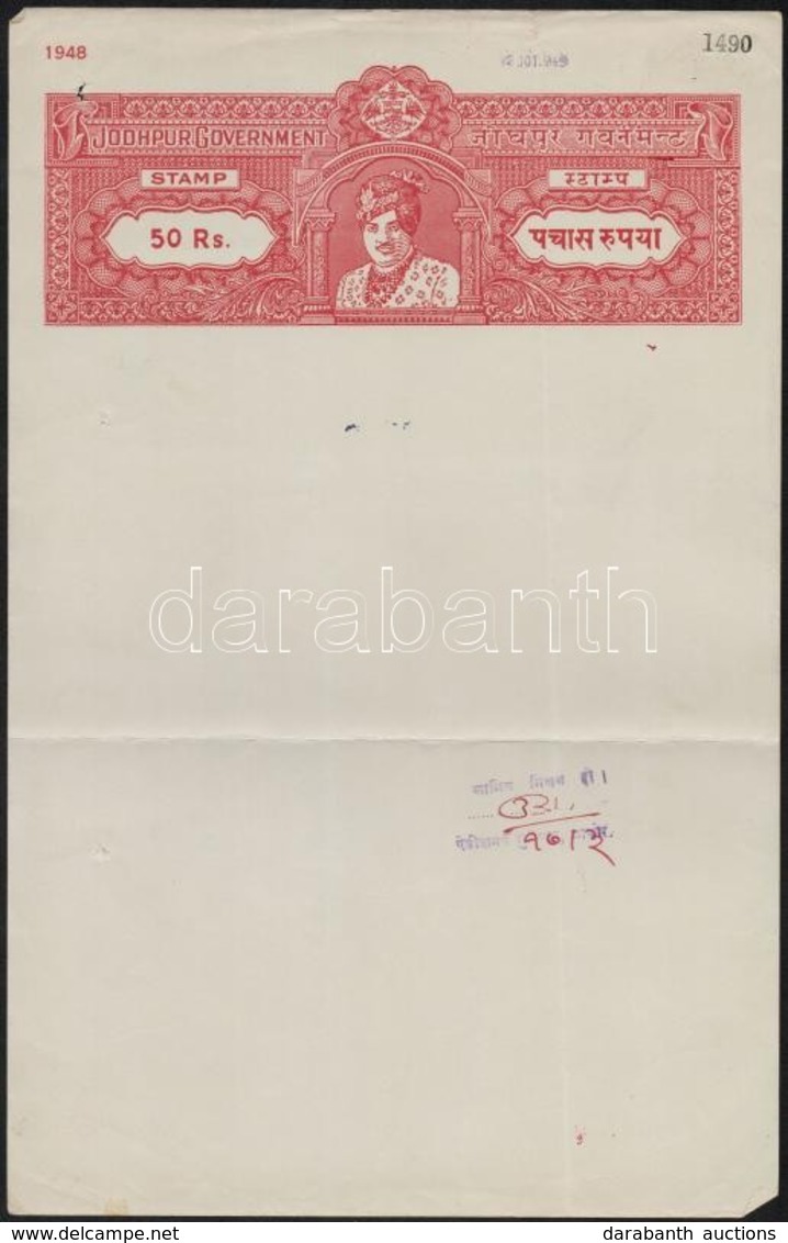 Cca 1943 India, Jodhpur állam Adóív 50 Rupia Illetékbélyeggel / India Tax Sheet With Document Stamp - Non Classés