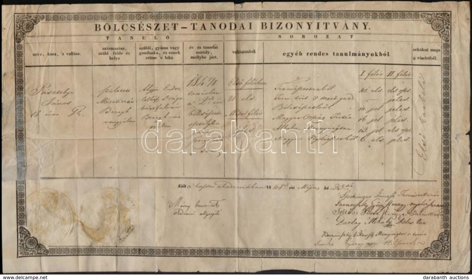 1848 Kassa, Bölcsészettanodai Bizonyítvány, Ragasztott - Non Classés