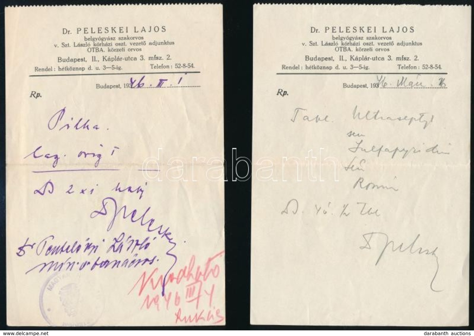 1946 Bp., Dr. Peleskei Lajos Belgyógyász által Kiállított 2 Db Recept - Non Classés