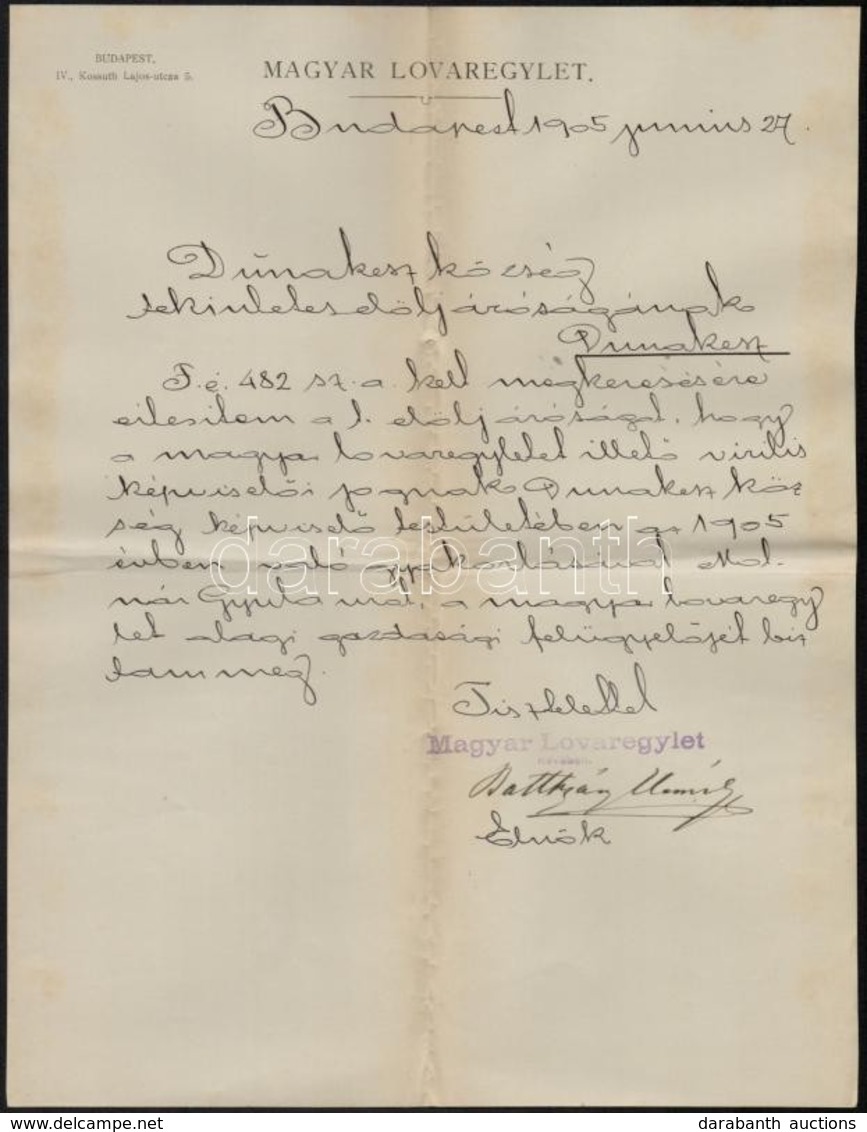1905 Batthyány Elemér Gróf, A Magyar Lovaregylet Elnökének Saját Kézzel Aláírt Levele, Melyben Az Egyletet Illető Virili - Non Classés