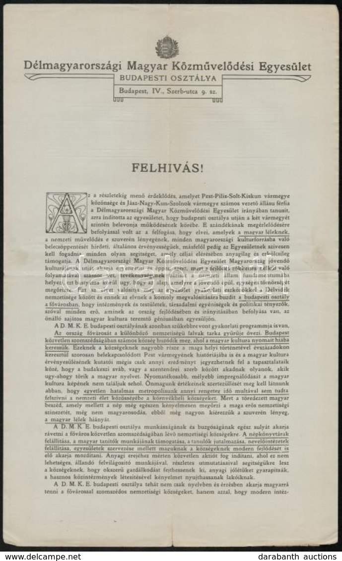 Cca 1910 A Délmagyaroroszági Magyar Közművelődési EGyesület DMKE Felhívása A Budapest Körüli Nemzetiségi Falvak Lakosain - Non Classés