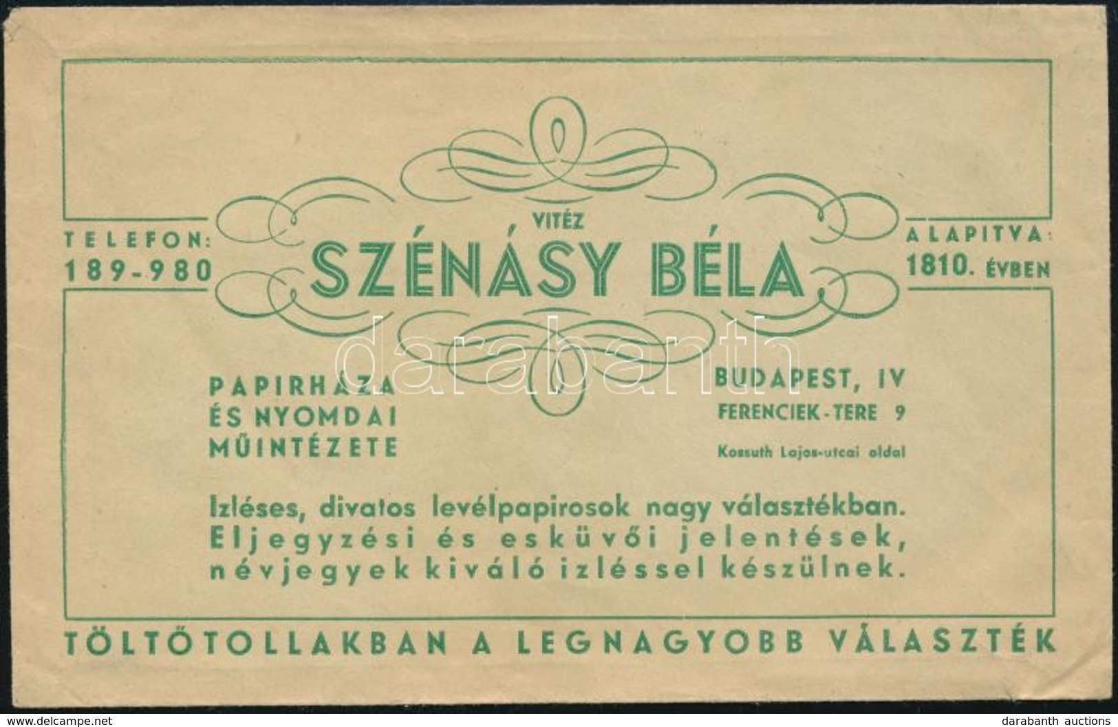 Vitéz Szénásy Béla Papírháza és Nyomdai Műintézete Budapest IV. Papírboríték - Pubblicitari