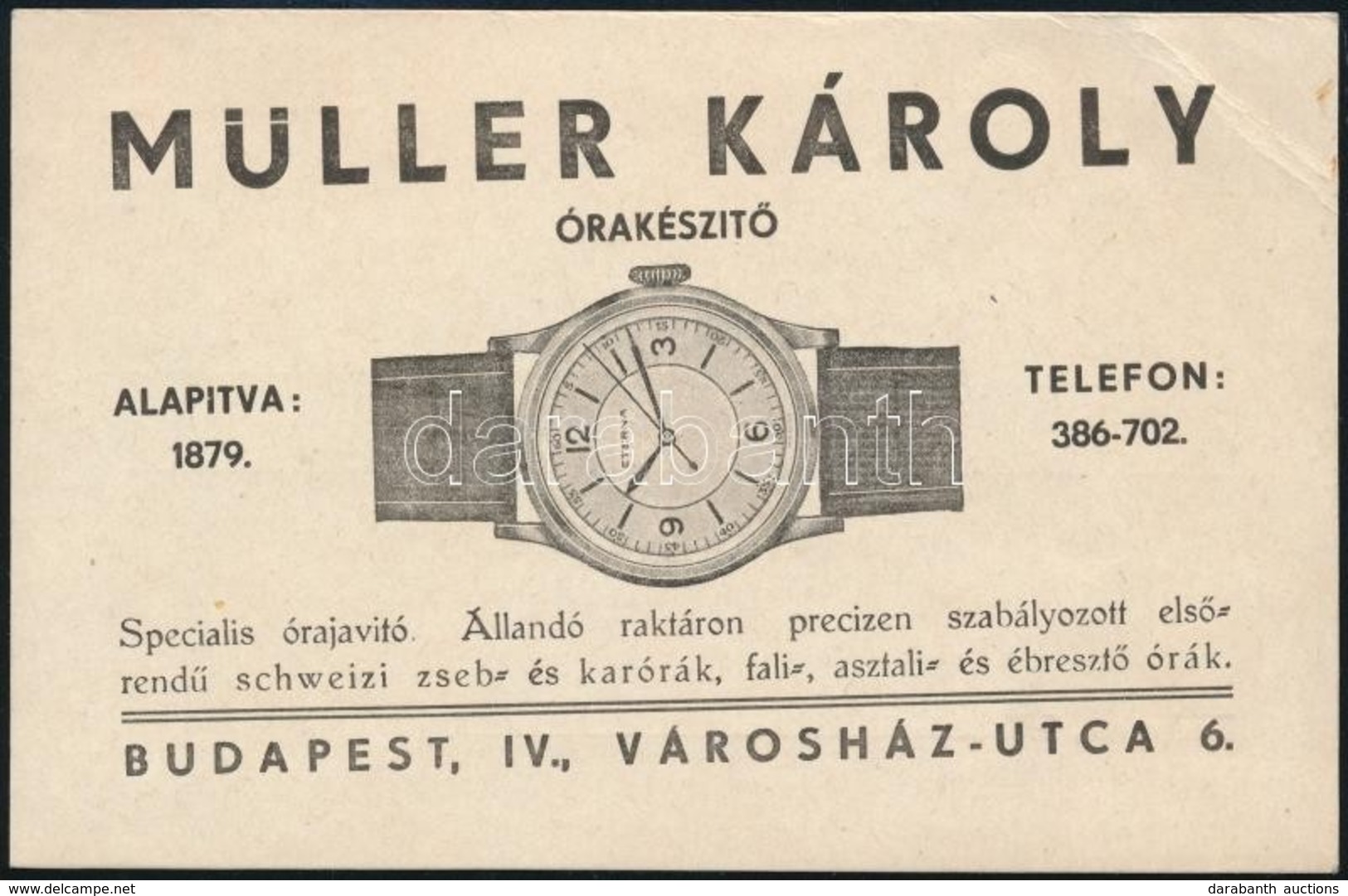 1942 Bp.IV, Müller Károly órakészítő által Kiállított Jótállási Jegy - Publicités