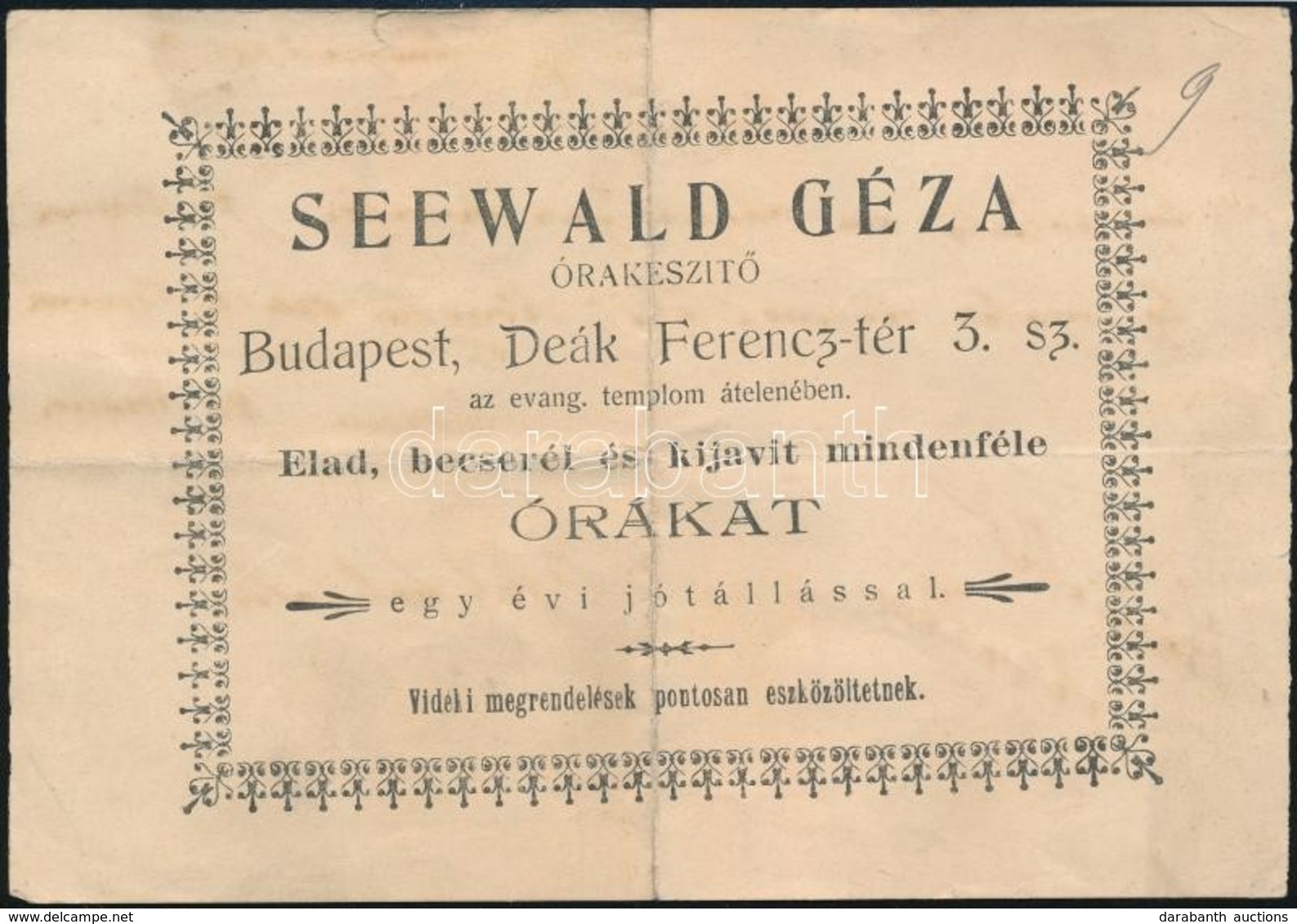 1905 Seewald Géza Órakészítő Budapest Deák Ferenc Tér Reklámlapja, Hátoldalon Számlajegyzékkel - Publicités