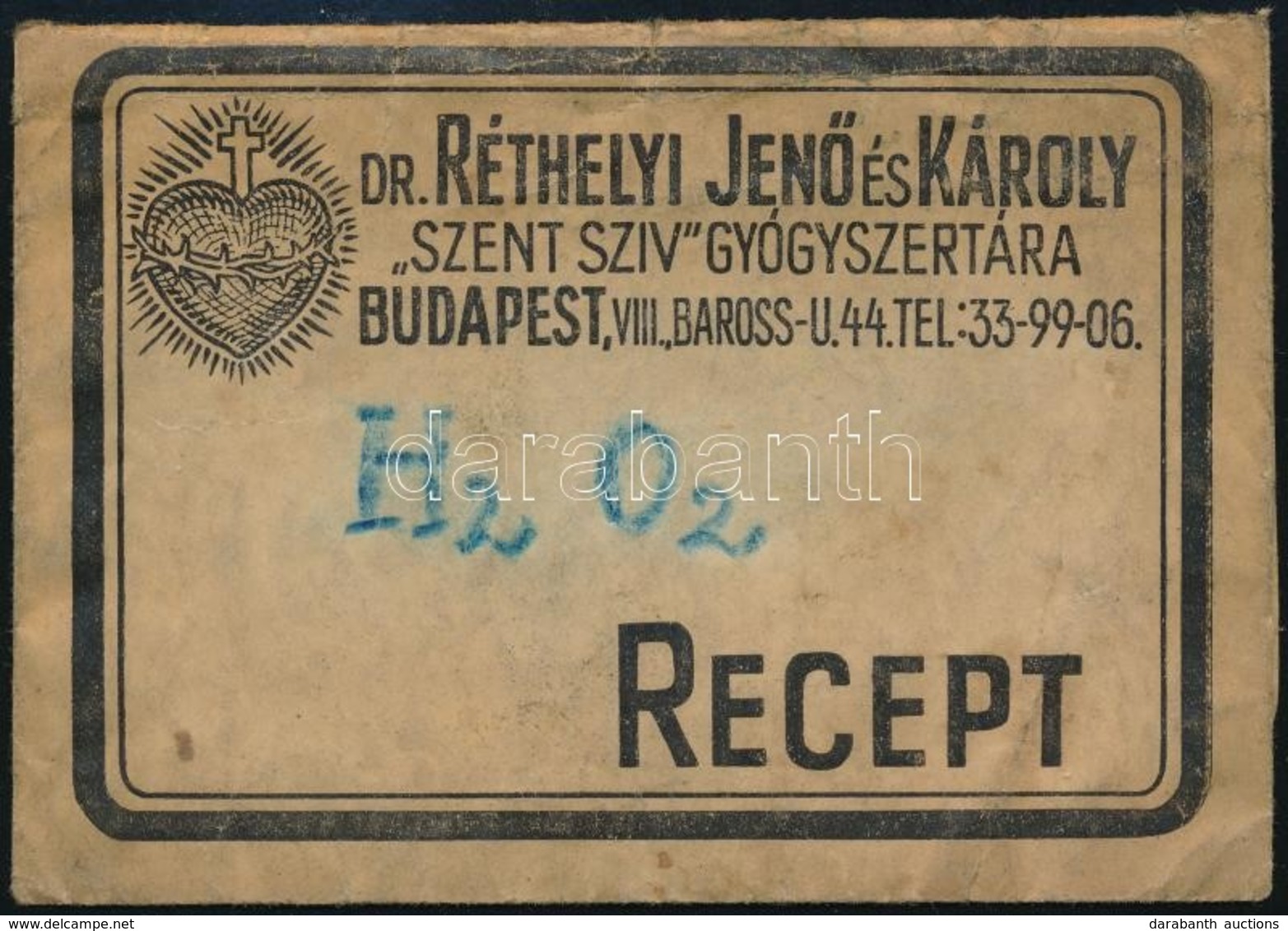 Dr. Réthelyi Jenő és Károly Szent Szív Gyógyszertára Budapest VIII. Receptboríték - Pubblicitari