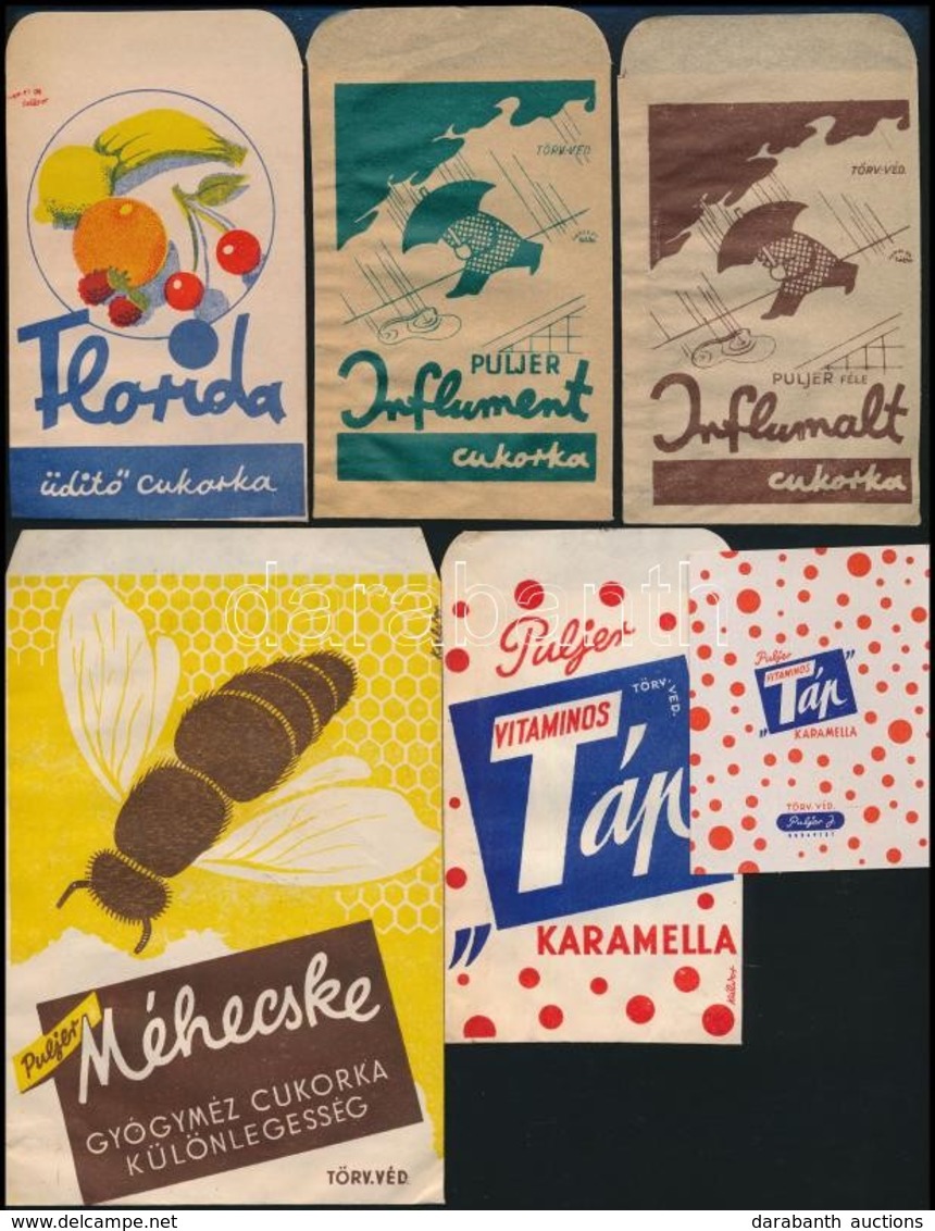 Cca 1940 6 Féle Gyógyszertári Gyógycukorka Reklámos Papírtasak és Címke (1 Db) / Pharmacy Pills Bags And Labels - Publicités