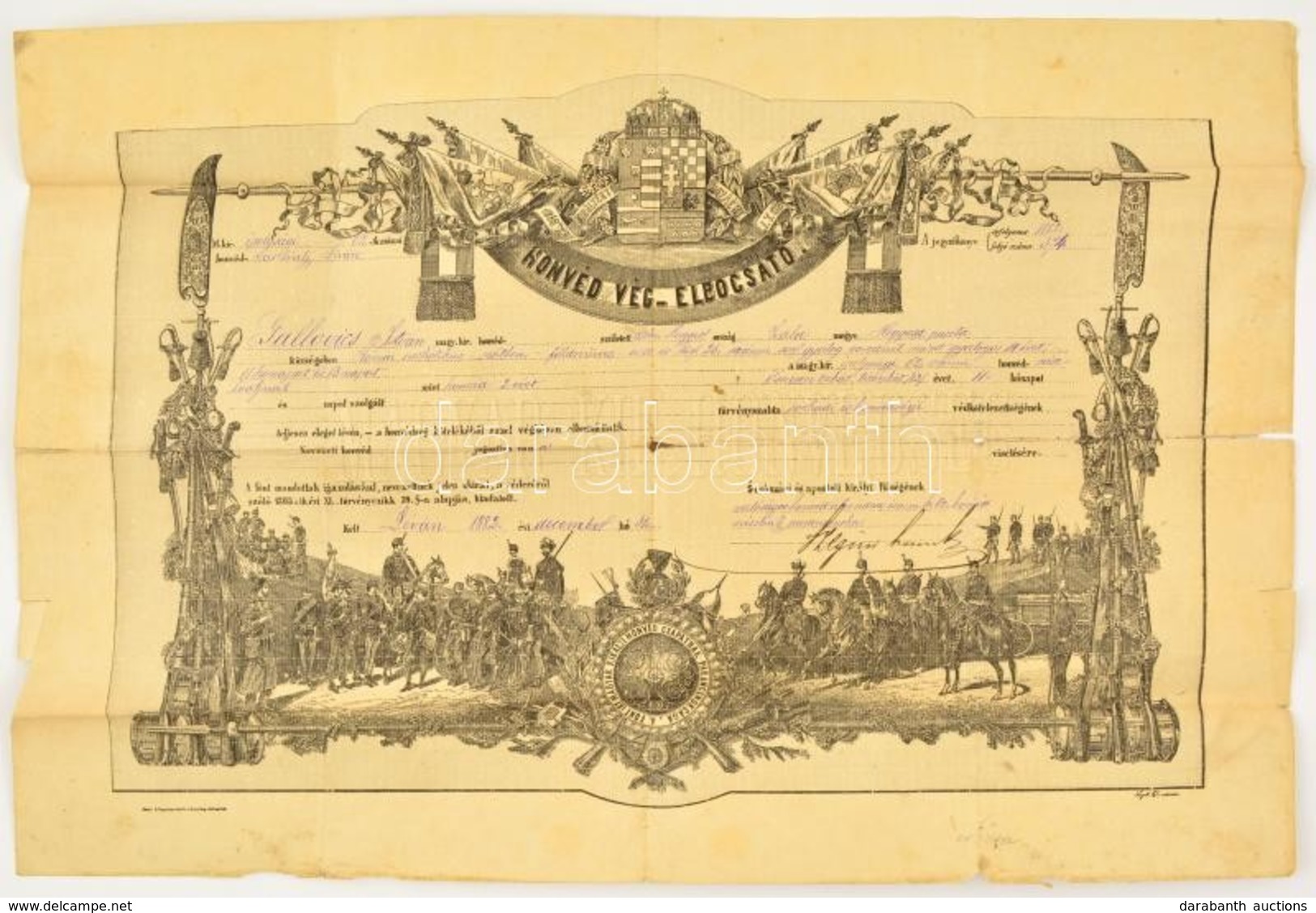 1882 Honvéd Végelbocsájtó Levél 50x35 Cm Szakadásokkal - Autres & Non Classés