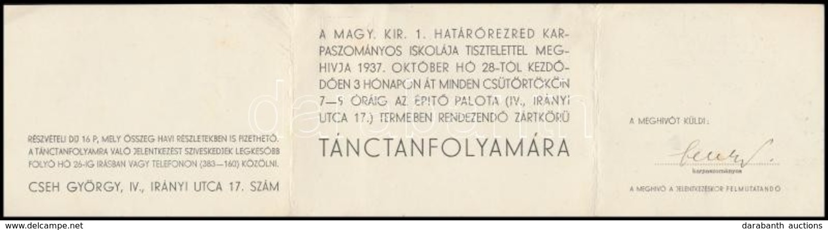 1937 A Magy. Kir. 1. Határőrezred Karpaszományos Iskolájának Meghívója Tánctanfolyamra - Altri & Non Classificati