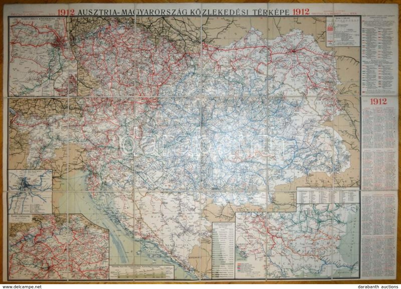 1912 Ausztria-Magyarország Közlekedési Térképe, Színes, Litografált Térkép, 1:1.500.000, 1912-es Naptárral. Wien, Freyta - Autres & Non Classés