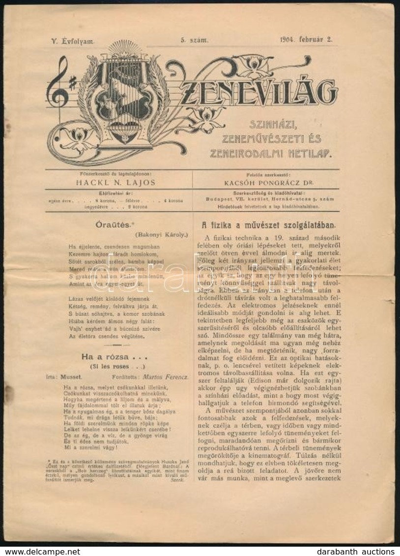 1901, 1904 Zenevilág, Magyar Dal- és Zeneközlöny.2 Zenei újság Vegyes állapotban - Sin Clasificación