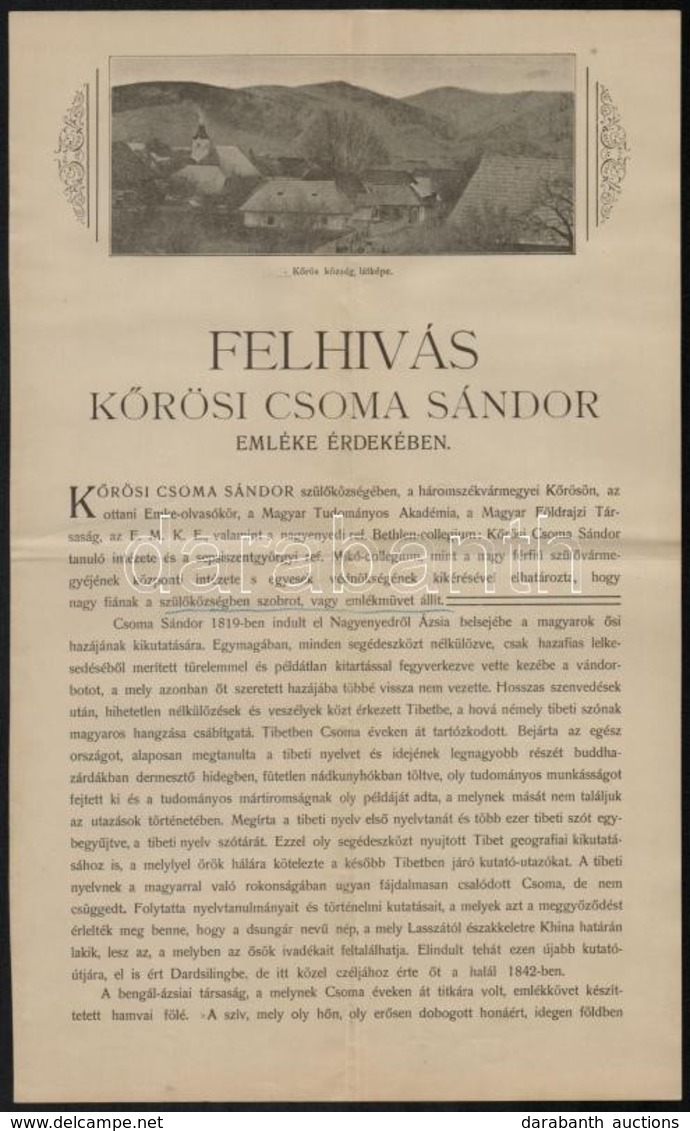 1904 Körösi Csoma Sándor Szülőközségében Felállítandó Szobor Javára Szóló Felhívás - Non Classificati