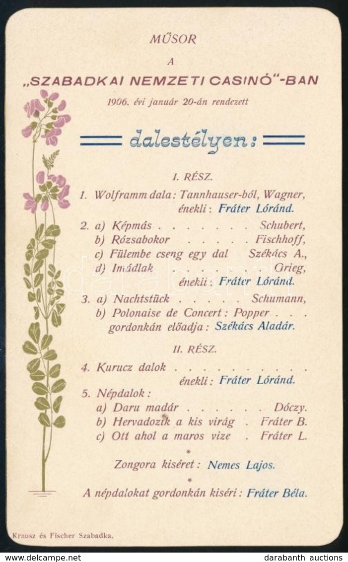 1906 A Szabadkai Nemzeti Casinó Dalestélyének Műsora - Sin Clasificación