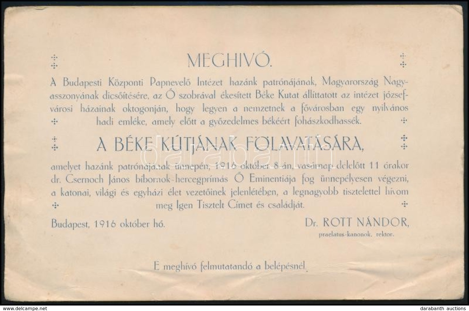 1916 Budapest A Központi Papnevelő Intézet Józsefvárosi Telephelyén Felavatott, Majd Az V, Kerületbe áthelyezett Béke /  - Non Classificati