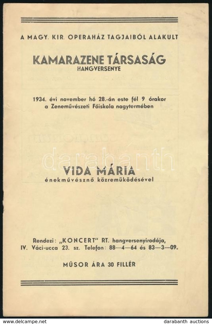 1934 A Magyar Kir. Operaház Tagjaiból Alakult Kamarazene Társaság Hangversenyének Programfüzete - Non Classificati