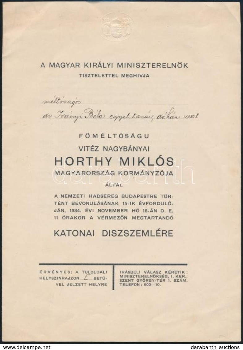 1934 Magyar Királyi Miniszterelnök által Kiadott Meghívó Katonai Díszszemlére - Non Classés