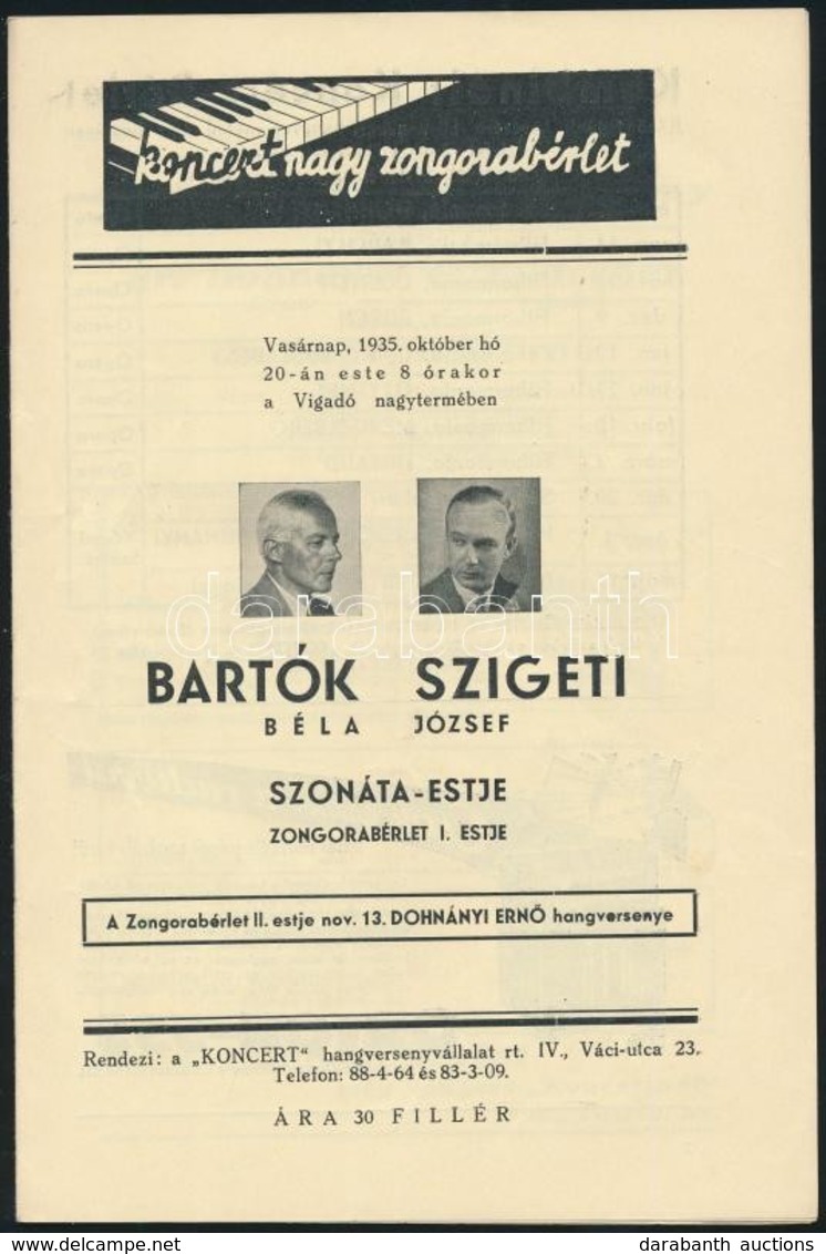 1935 Bartók Béla és Szigeti József Szonátaestjének Műsora, Sok Reklámmal - Non Classés