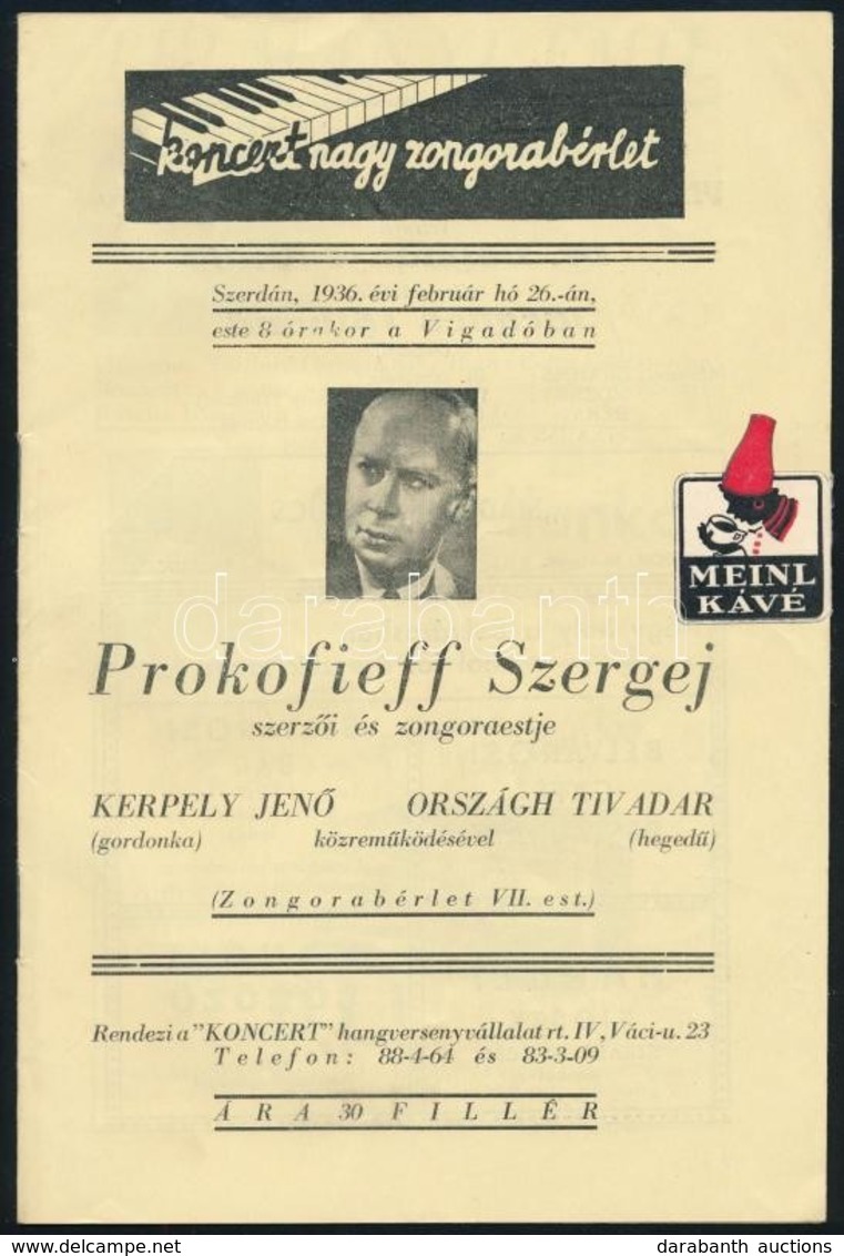 1936 Szergej Prokofieff (Szergej Szergejevics Prokofjev) Szerzői és Zongoraestjének Műsora, Sok Reklámmal - Non Classificati