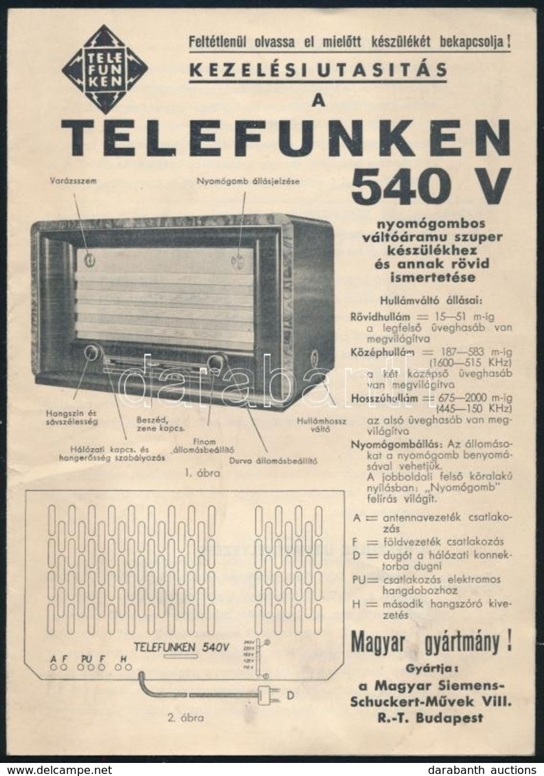 Cca 1940-1950 Telefunken 540 V Rádió Kezelési útmutatója - Non Classificati