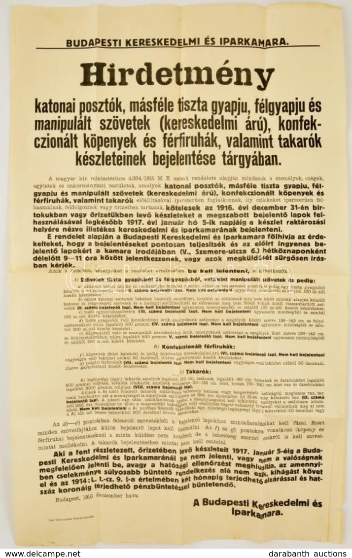 1917 Katonai Posztó Vásárlásáról Szóló Hirdetmény 42x70 Cm - Altri & Non Classificati