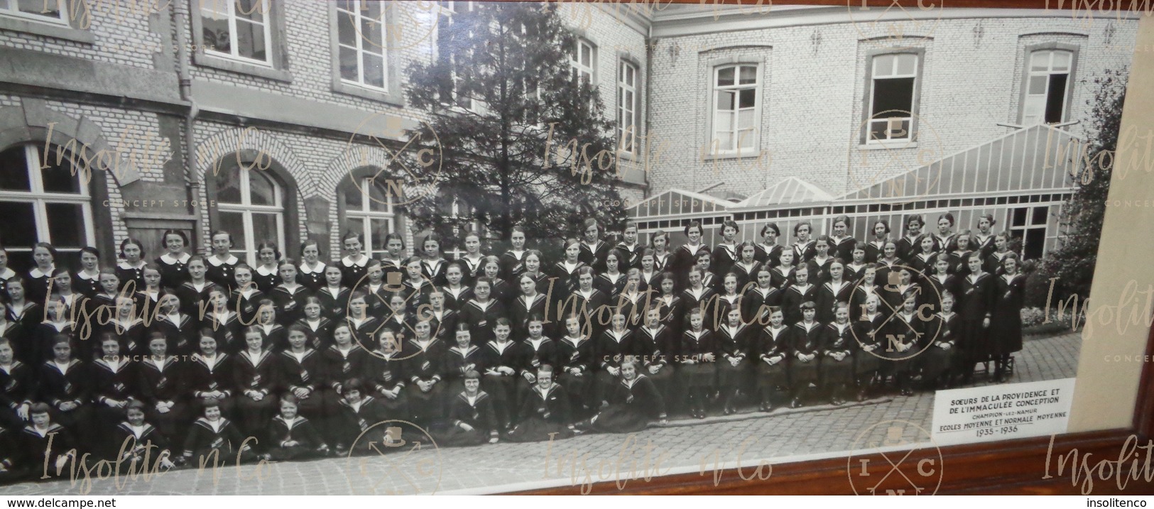 Photographie Argentique Panoramique N/B Encadrée Sous Verre - élèves De L'école Des Soeurs De Champion Namur 1935-1936 - Persone Identificate