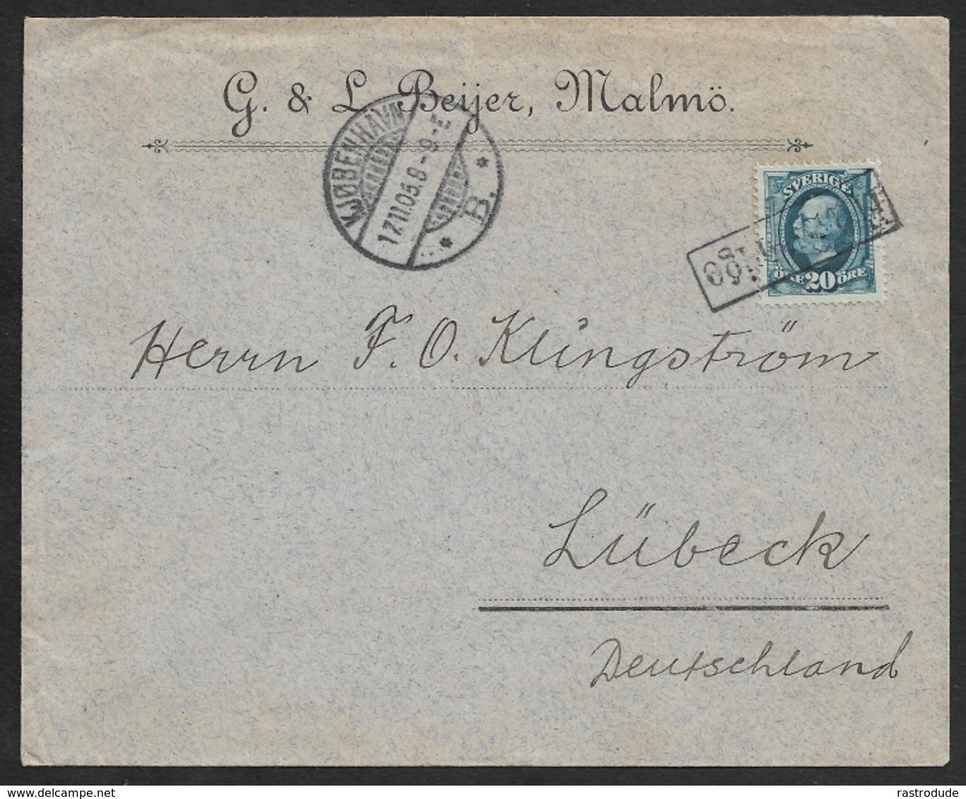 1905 Schweden Schiffspost 20öre R1 FRA SVERIGE Nach LÜBECK .Kabinet - Lettres & Documents