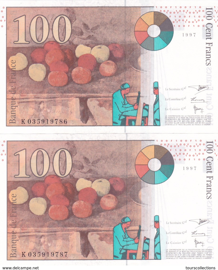 LOT De 2 X 100 FRANCS CEZANNE 1997 En NEUF Numéros à Suivre !!!  Alphabet K @ FAY 74/01 - 100 F 1997-1998 ''Cézanne''