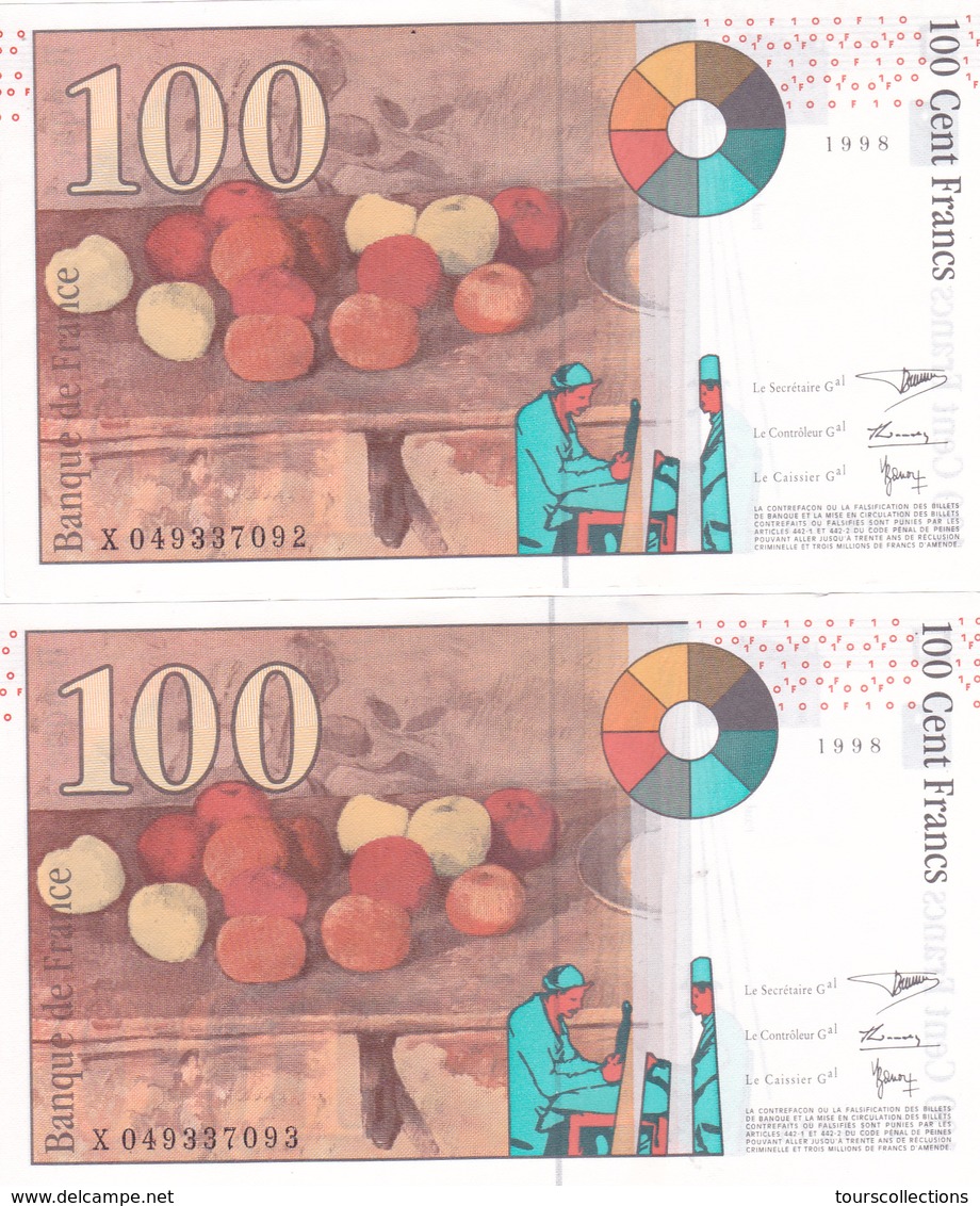 LOT De 2 X 100 FRANCS CEZANNE 1998 En NEUF Numéros à Suivre !!!  Alphabet X @ FAY 74/01 - 100 F 1997-1998 ''Cézanne''