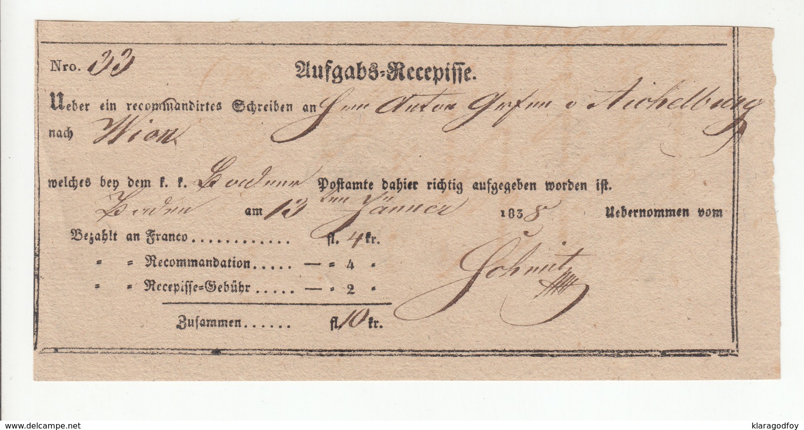 Austria Aufgabe-Recepisse 1838 B190715 - ...-1850 Vorphilatelie