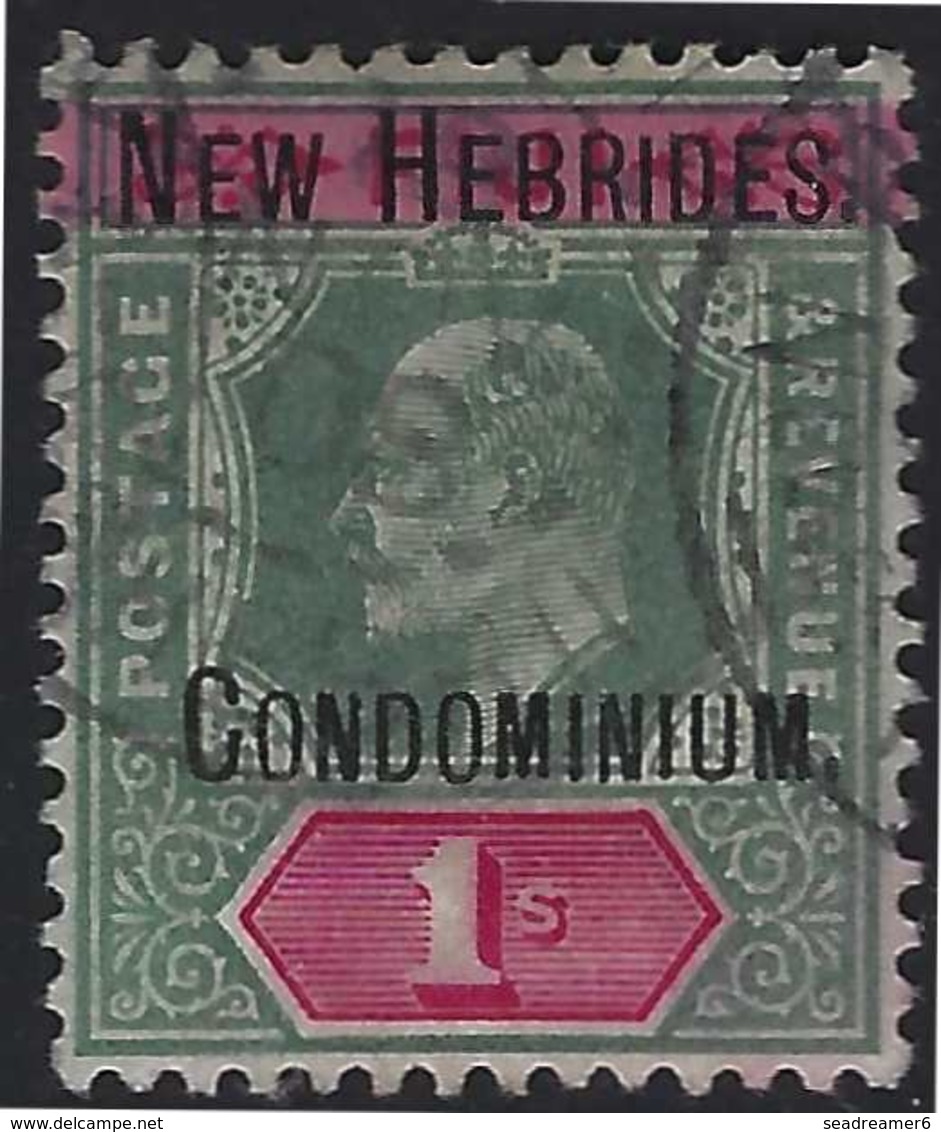 France Colonies Nouvelles-Hébrides N°11 1Sh Vert & Rose Obl RR Signé Brun & Roumet - Gebruikt