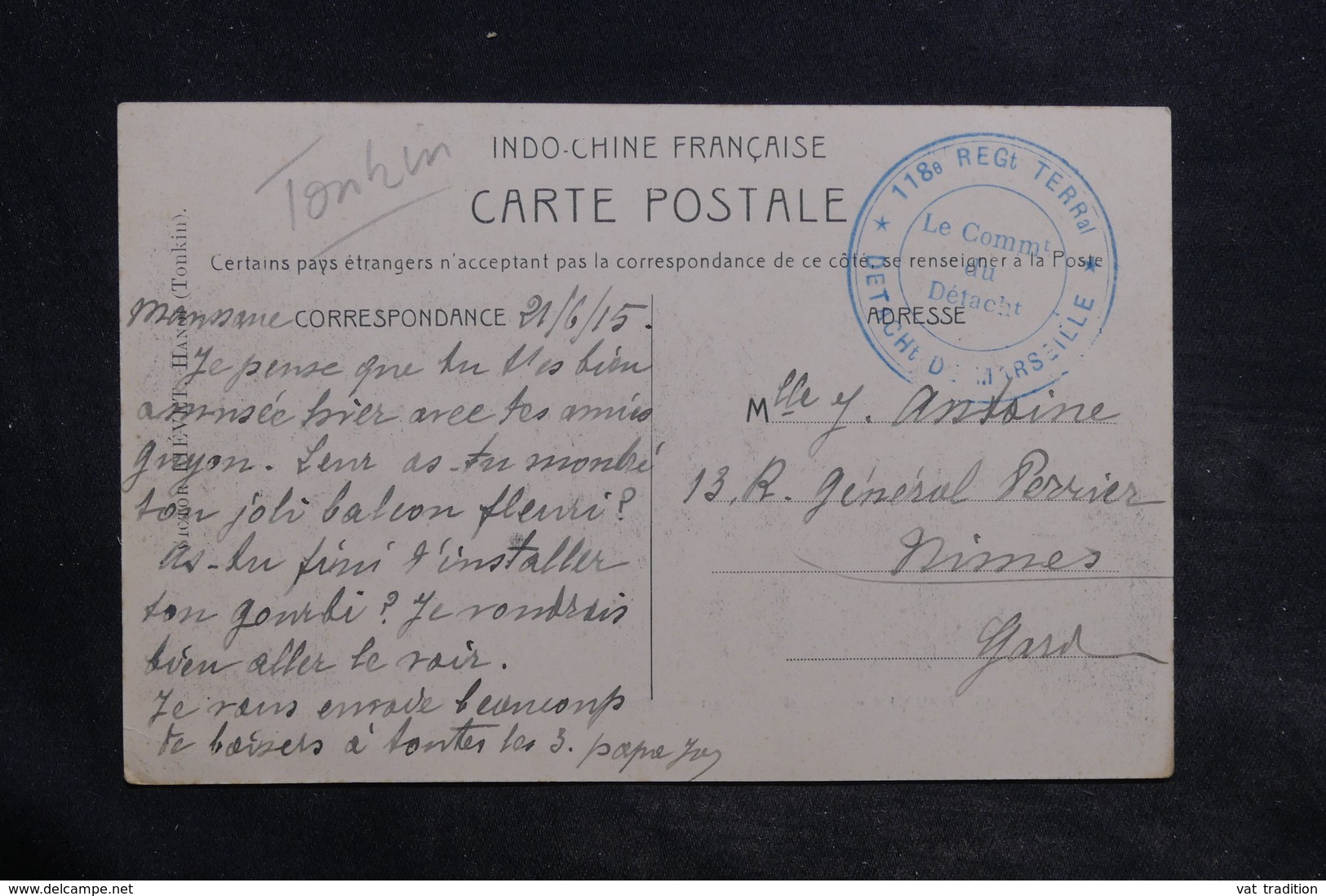 INDOCHINE - Cachet " 118ème Régiment Territoriale Détachement De Marseille " Sur Carte Postale En FM En 1915 - L 34392 - Lettres & Documents