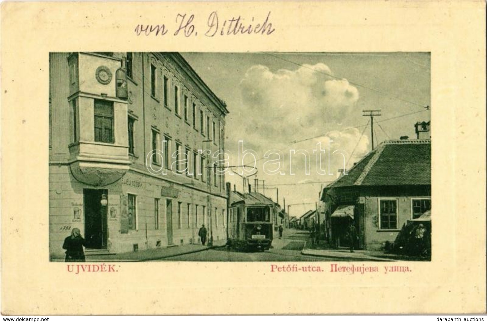 T2 Újvidék, Novi Sad; Petőfi Utca, Villamos A Pályaudvar (vasútállomás) Felé, éjjeli Szobák, üzlet. W. L. Bp. 6363. / St - Ohne Zuordnung