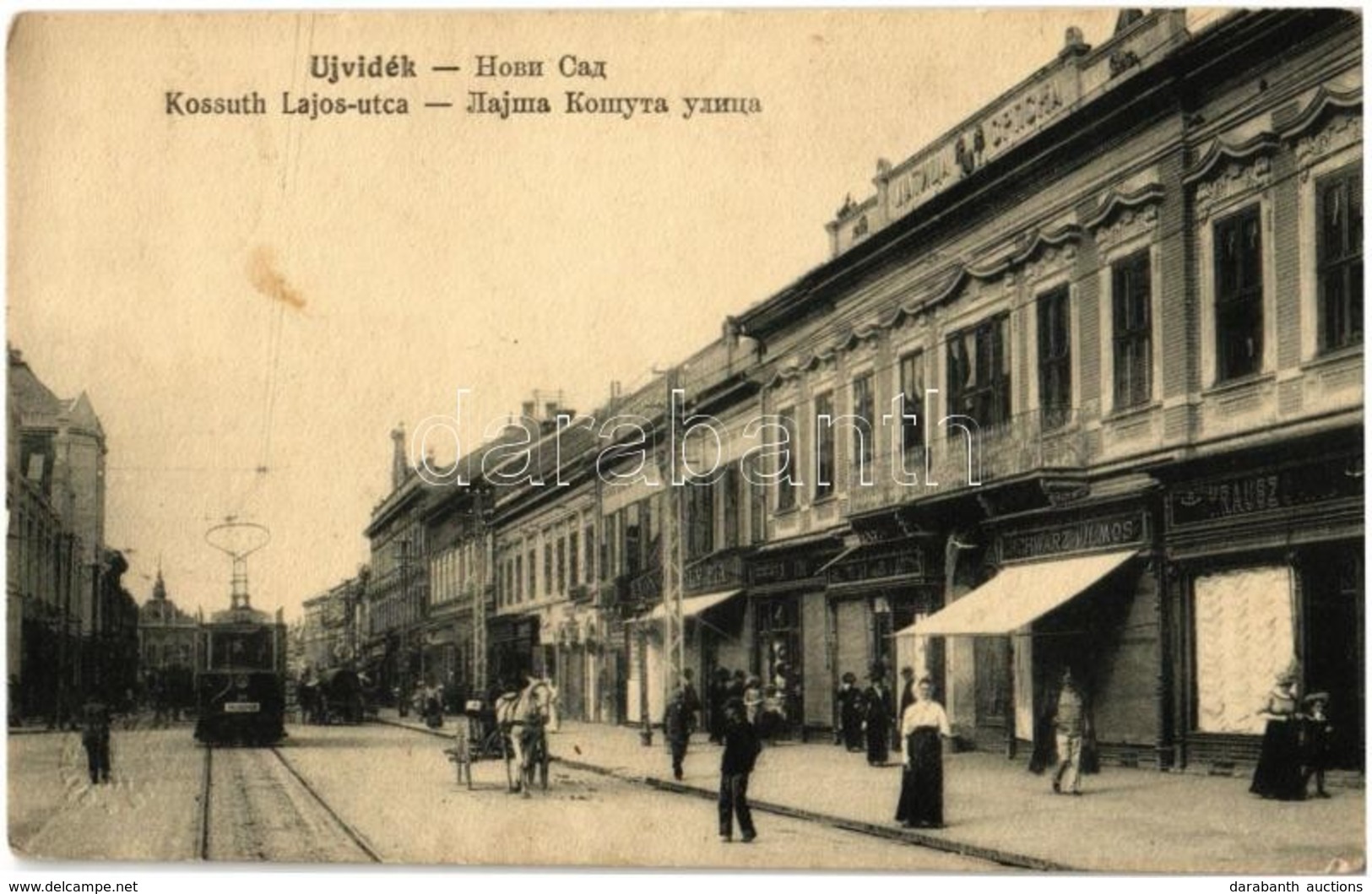 * T2 Újvidék, Novi Sad; Kossuth Lajos Utca, Villamos, Krausz D. és Schwarz Vilmos üzlete / Street, Shops, Tram - Ohne Zuordnung