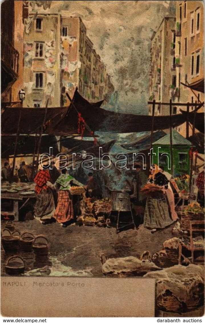 * T2 Naples, Napoli; Mercato A Porto / Market At The Port With Vendors. Litho - Non Classés