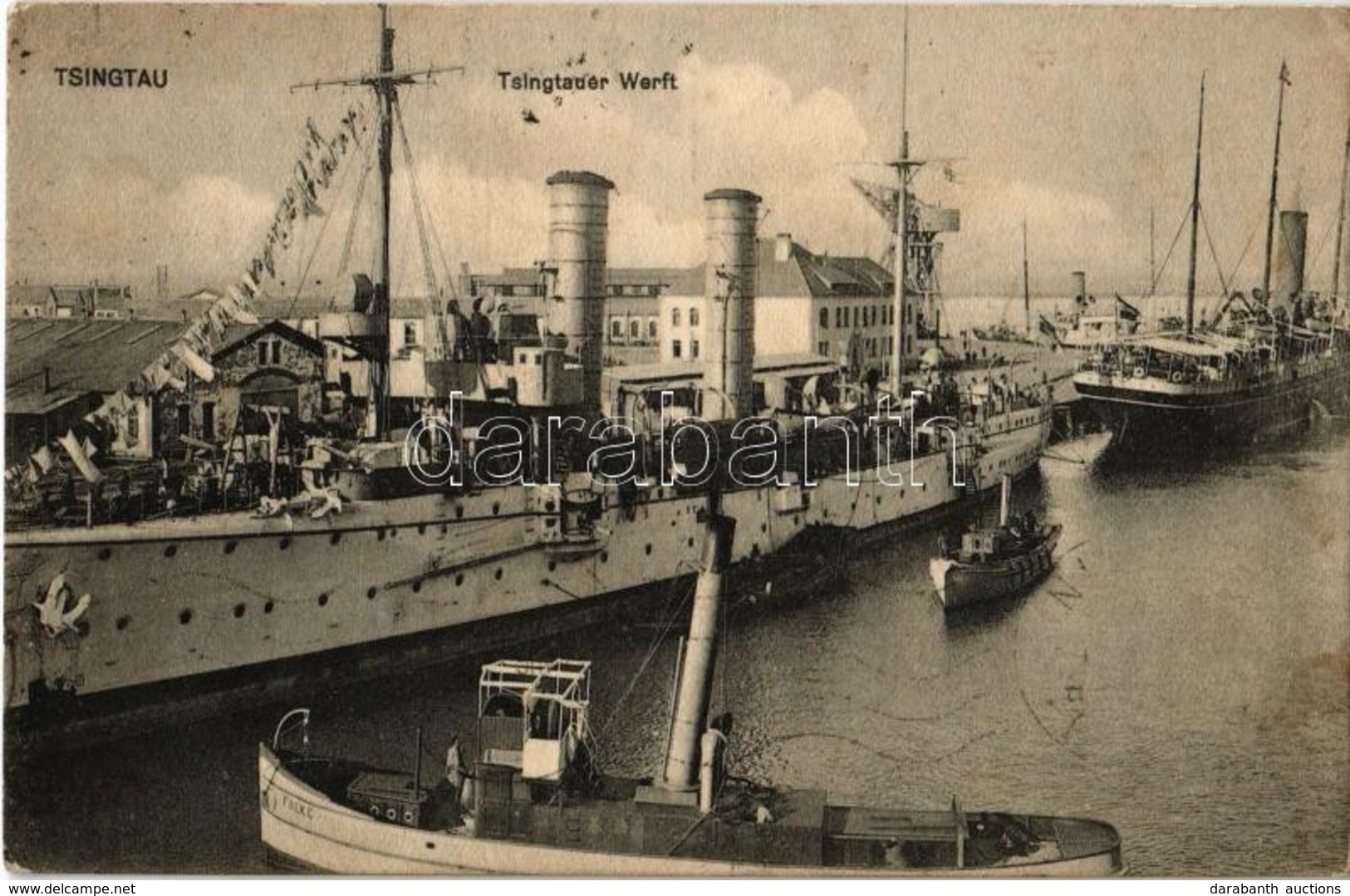 * T2/T3 Qingdao, Tsingtau, Kiautschou Bay Concession; Warship With Drying Clothes And 'Falke' Steam Barge (EK) - Non Classificati