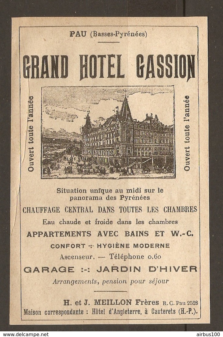 PUBLICITE R°/V° 1925 - PAU GRAND HOTEL GASSION H & J MEILLON + HOTEL De FRANCE MARIA CRISTINA SAN SEBASTIAN - Publicités