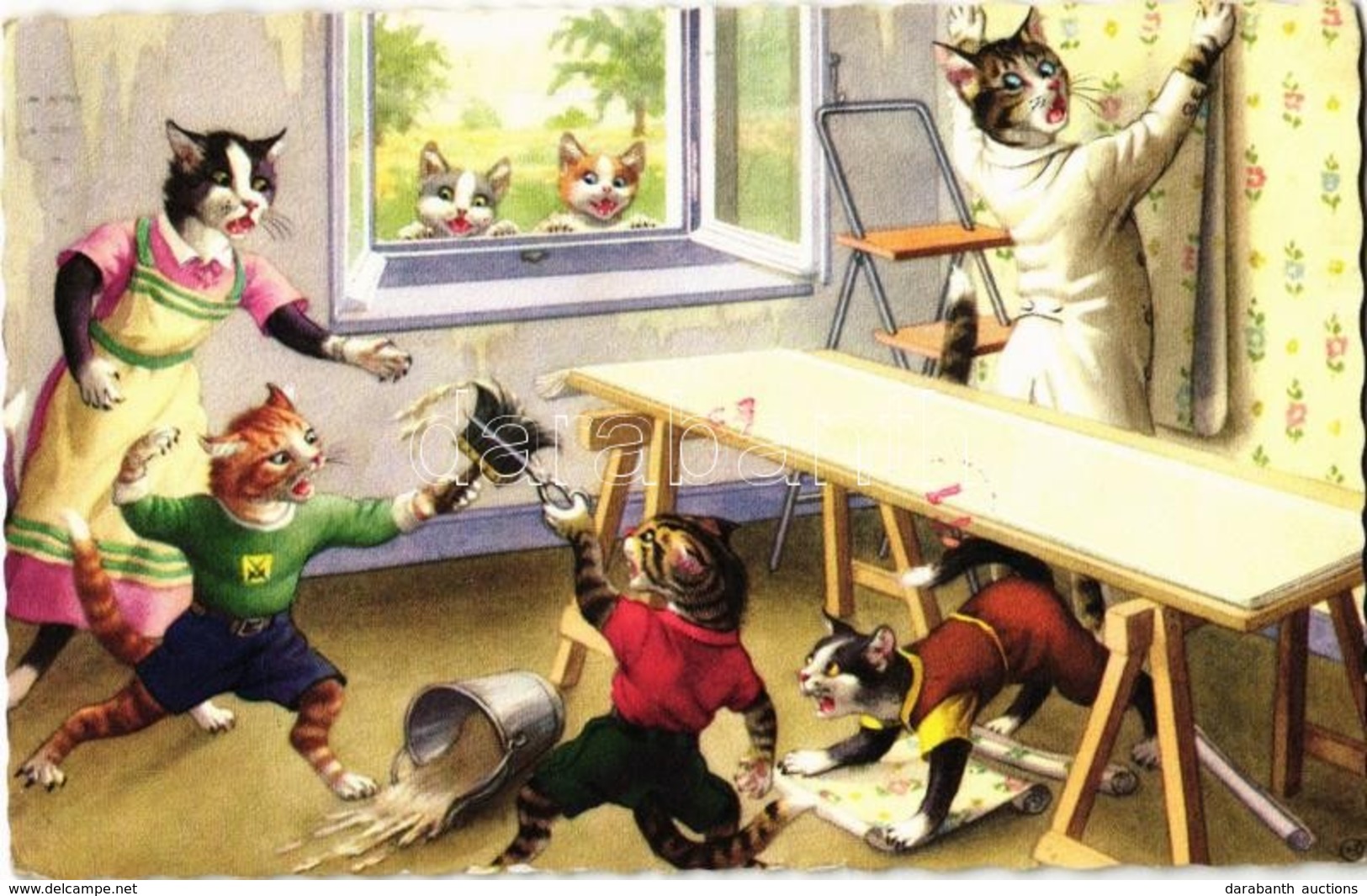 T2/T3 Cats Making A Mess While Wallpapering. Alfred Mainzer ALMA No. 4909. - Modern Postcard (EK) - Non Classificati