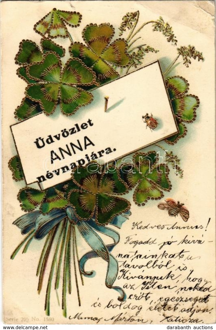 * T2/T3 Üdvözlet Anna Névnapjára / Anna Nameday Greeting Art Postcard, Golden Decorated, Clovers Litho (EB) - Sin Clasificación