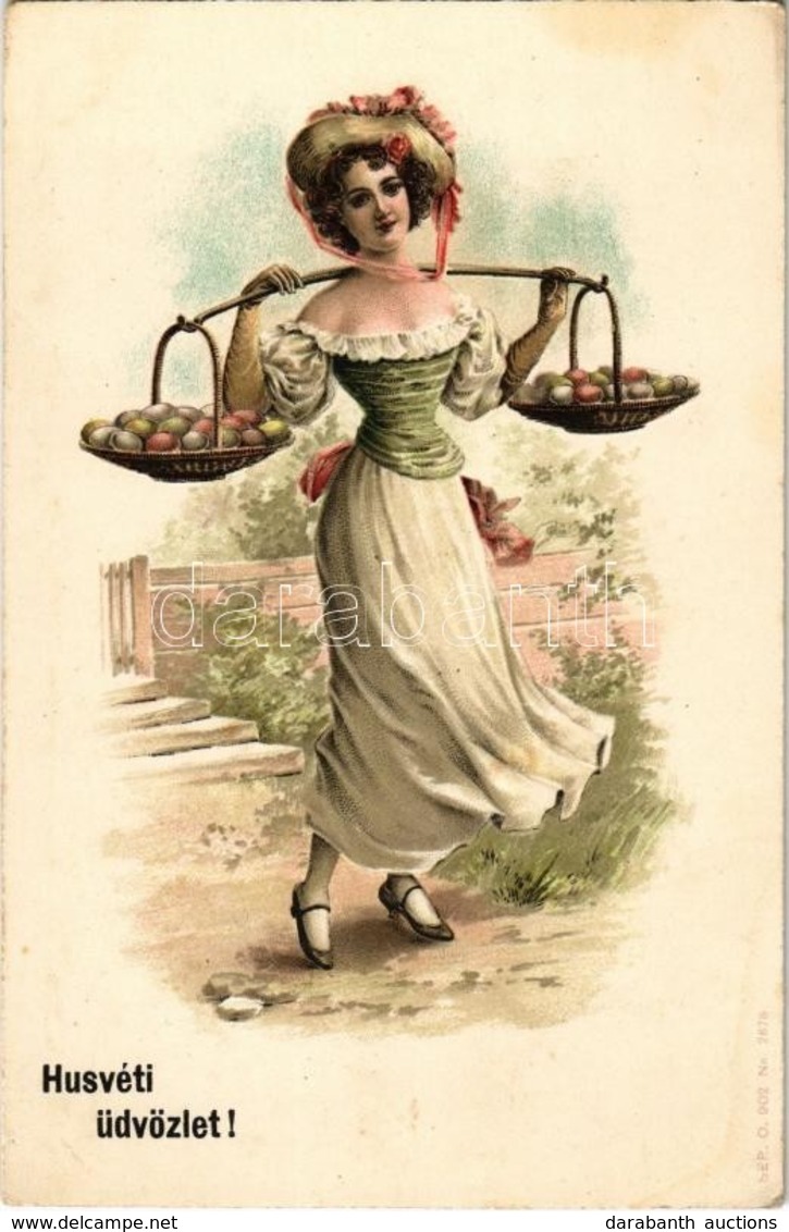 ** T2 Húsvéti üdvözlet / Easter Greeting Art Postcard, Lady With Eggs. Emb. Litho - Zonder Classificatie