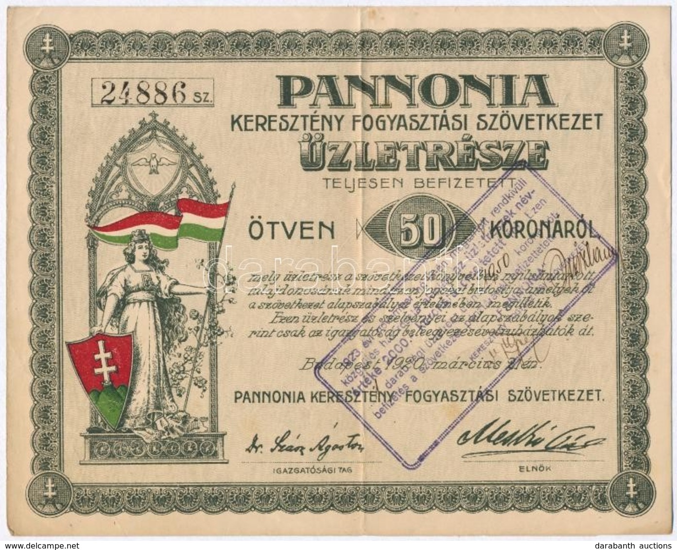 Budapest 1920. 'Pannonia Keresztény Fogyasztási Szövetkezet' üzletrésze Teljesen Befizetett 50K-ról, Bélyegzéssel, Szelv - Non Classificati