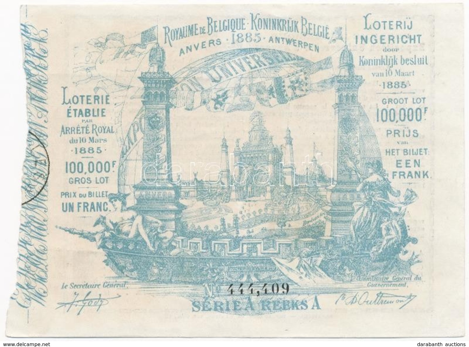 Belgium 1885. 1Fr Sorsjegy T:III Belgium 1885. 1 Franc Lottery Ticket C:F - Zonder Classificatie